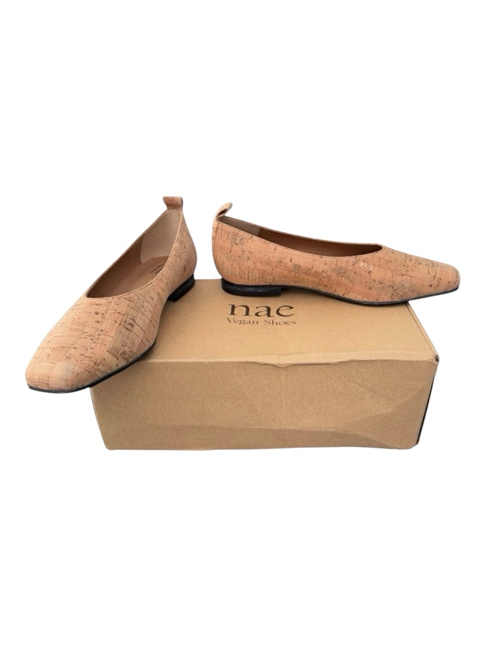 NAE Vegan Shoes Melita Natural Cork Square Toe Ballet Flats Size 6 / 37 NWT